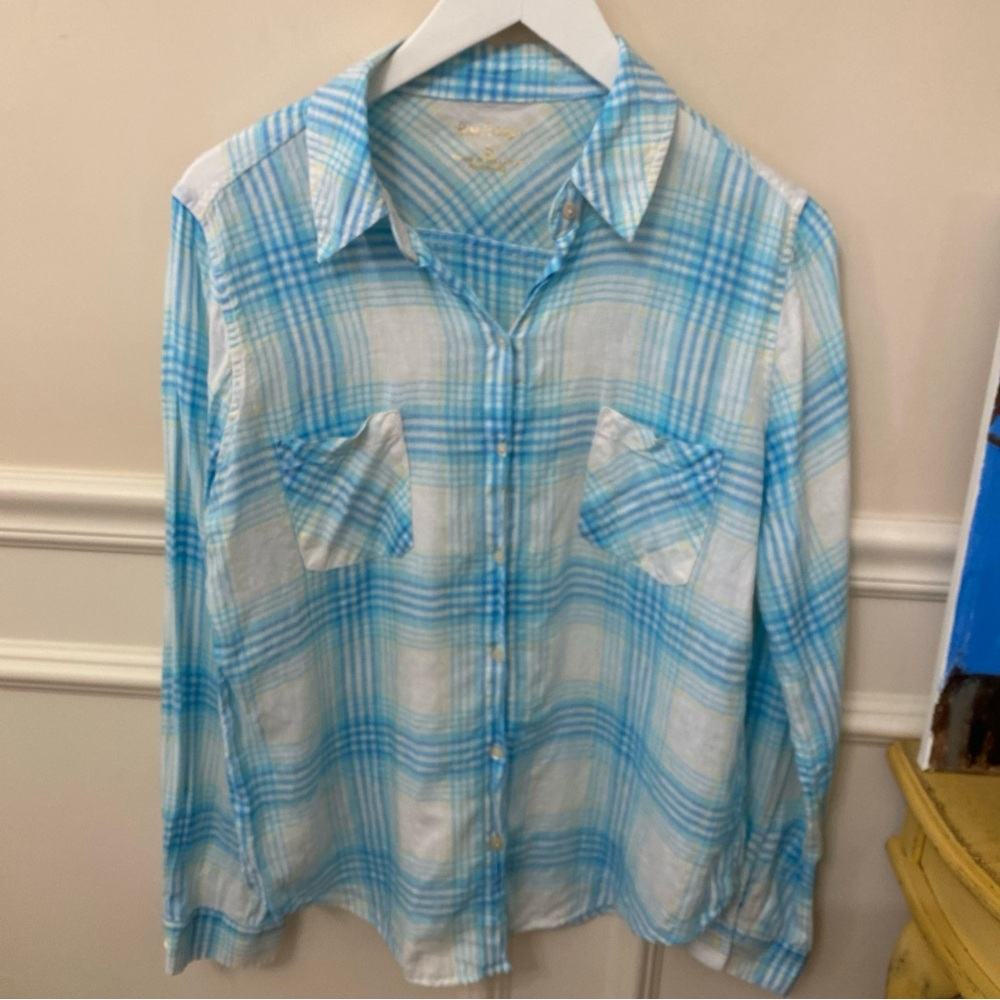 Lilly Pulitzer Blue and White Plaid Button-Up Shirt Size Small 100% Linen EUC